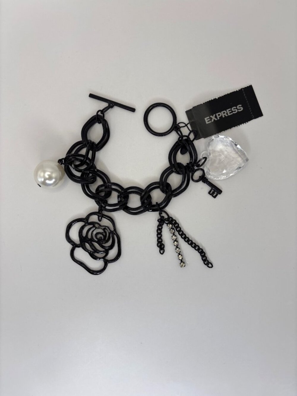 Express Black Chunky Charm Bracelet Crystal Heart Key Rose Pearl Accents NEW